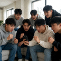 聚在一起通过手机观看比赛直播的球迷